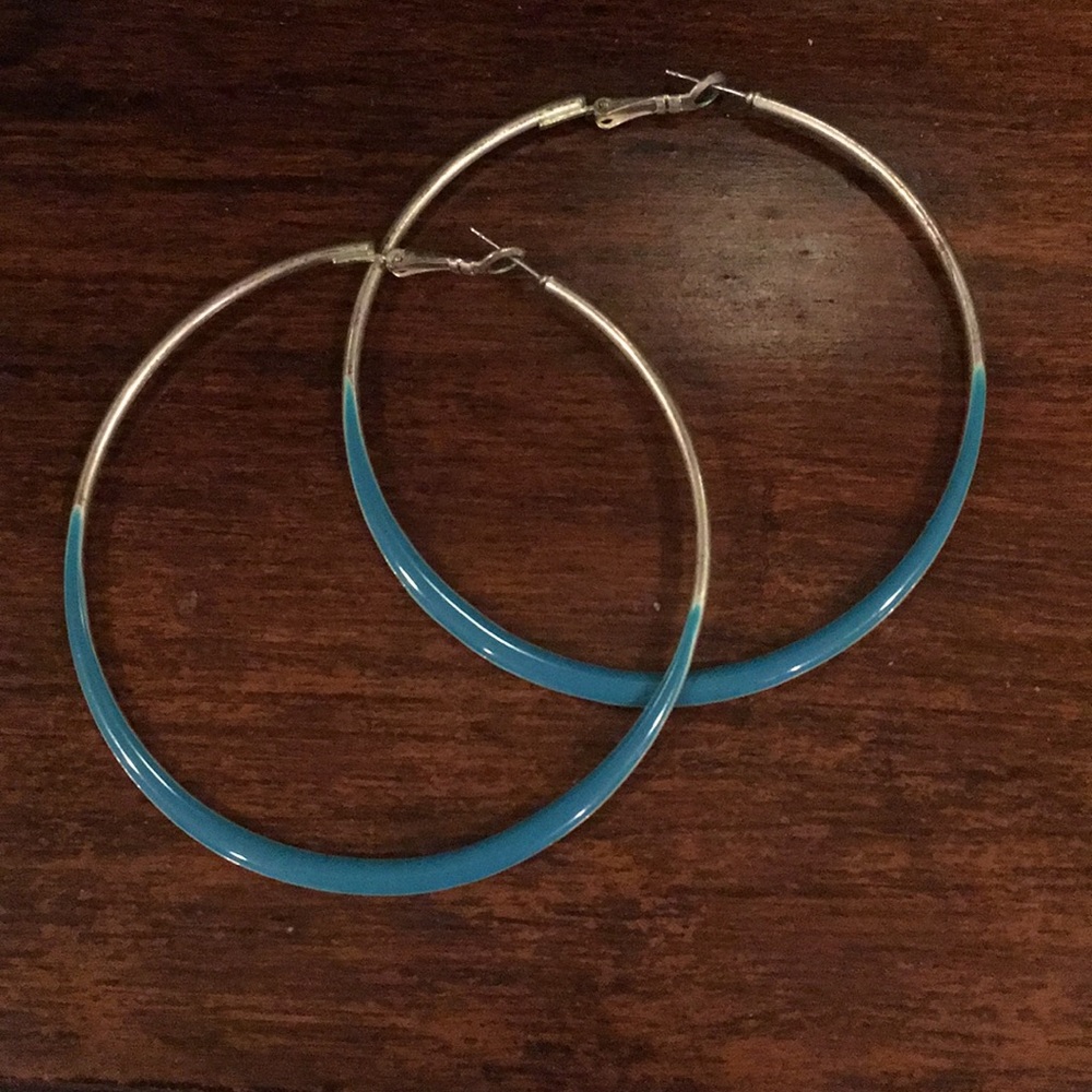 Silvertone and teal hoops